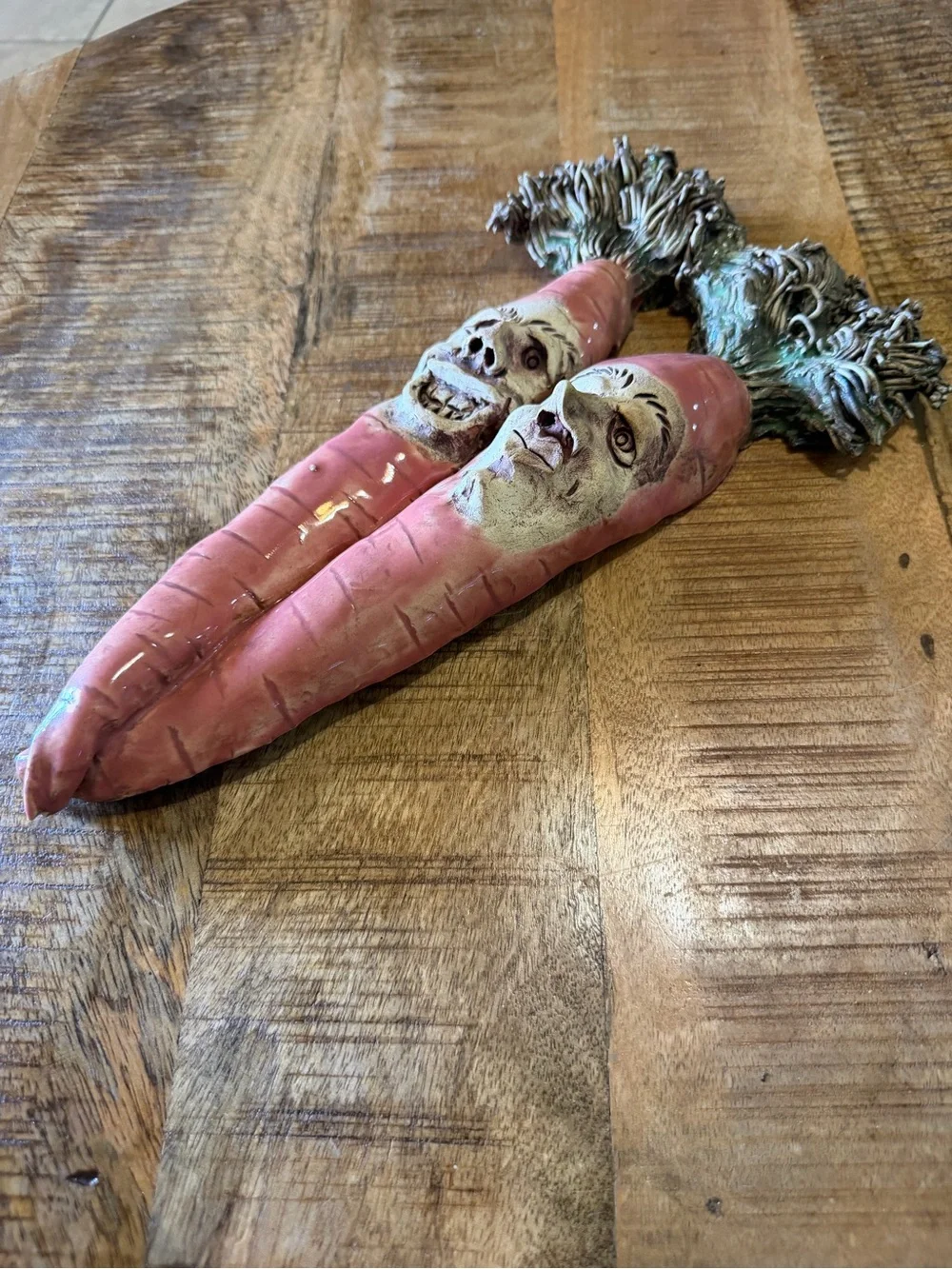 2 Face Anthropomorphic 3D Carrots Signed Clay Pottery Vintage 2000, 12.5”x5” EUC